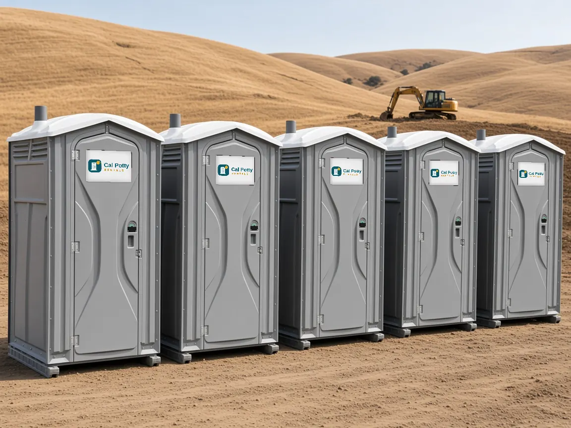 Five grey portable toilets in a row on a dirt site with golden hills and an excavator behind