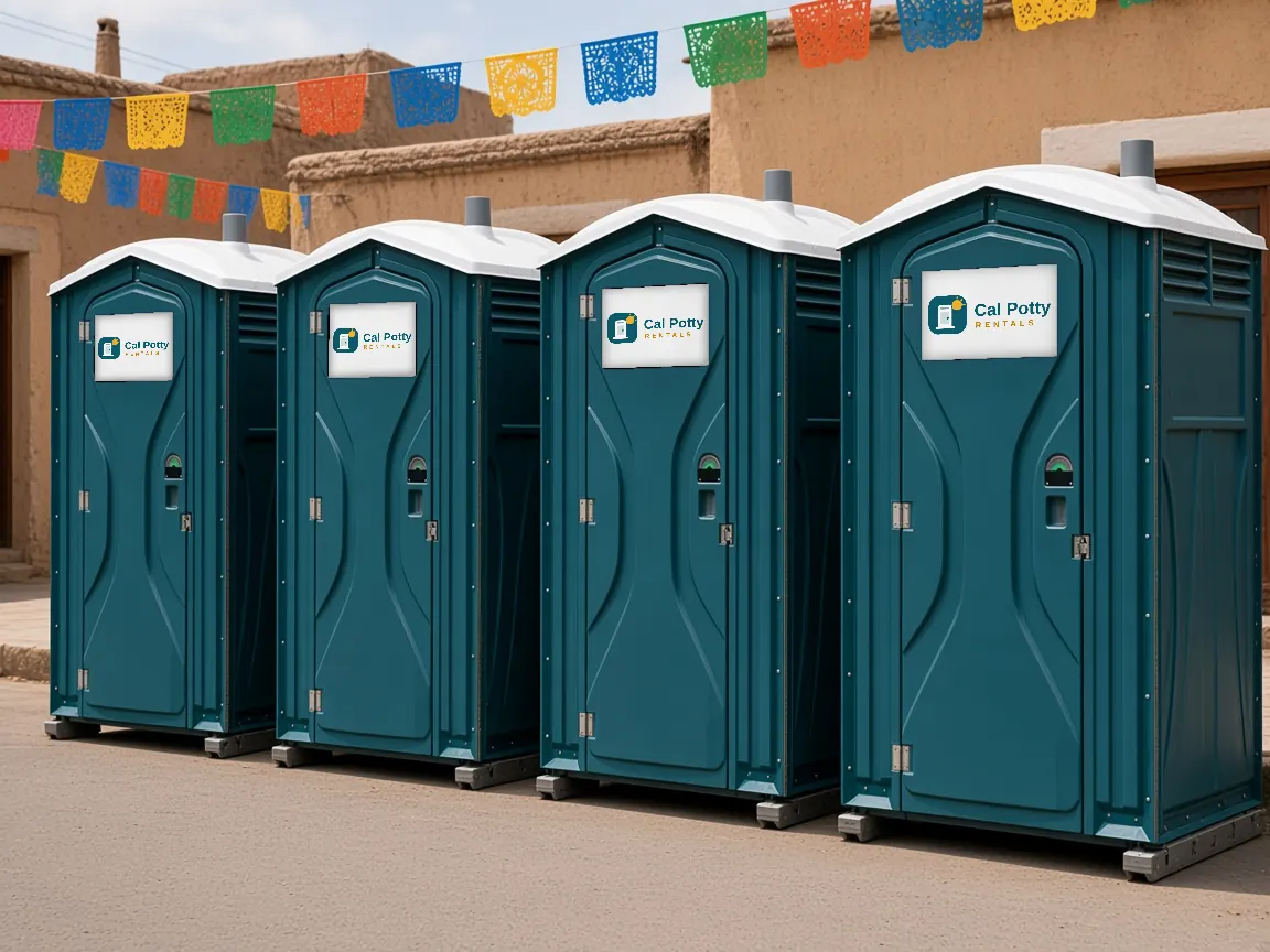 Four teal portable toilets in a row at a festival with colorful paper bunting overhead