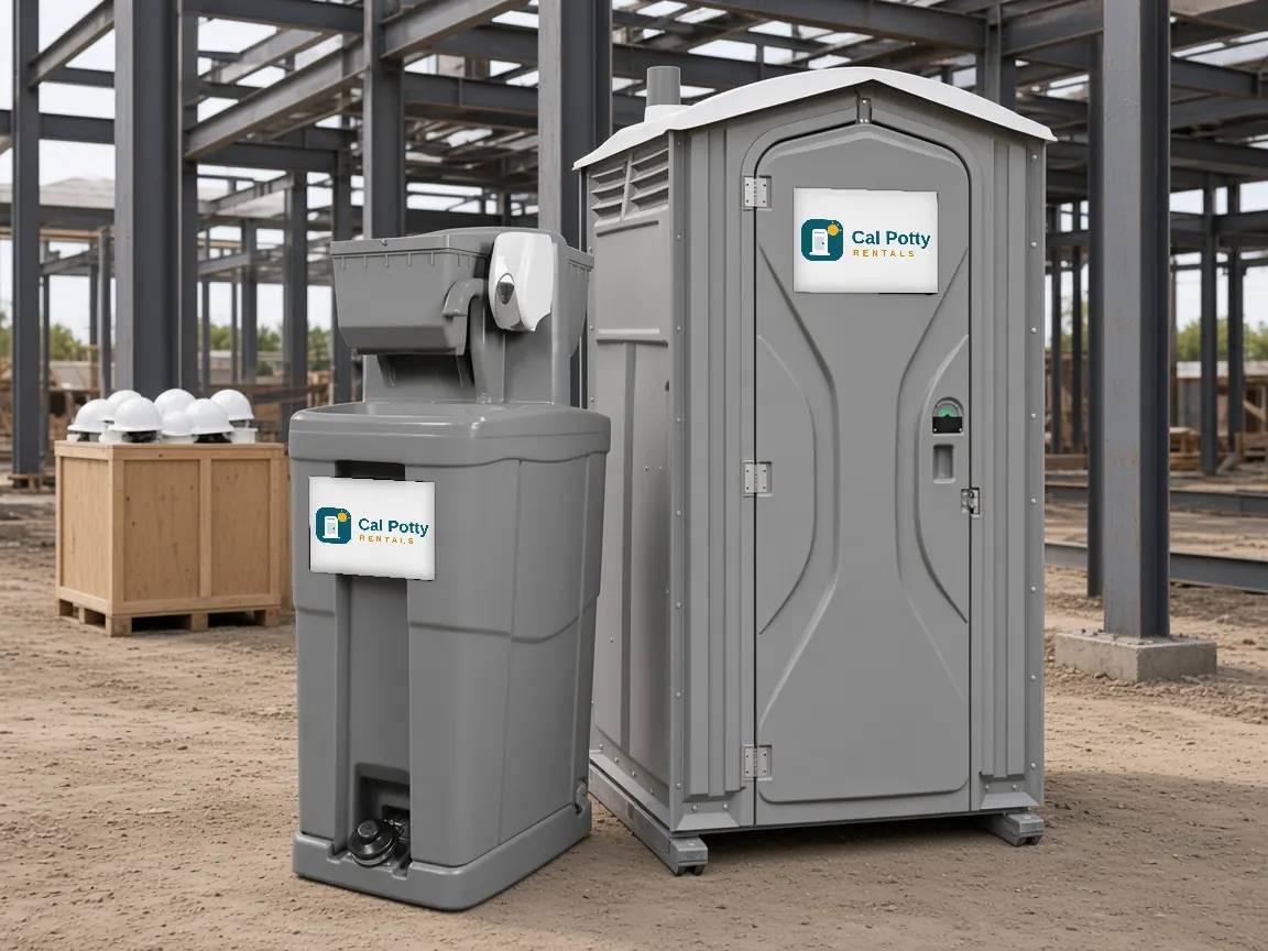 A grey handwashing station and a grey porta potty at a steel-framed construction site