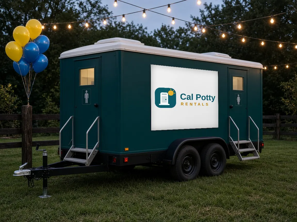 A teal restroom trailer at dusk with string lights and blue and yellow balloons