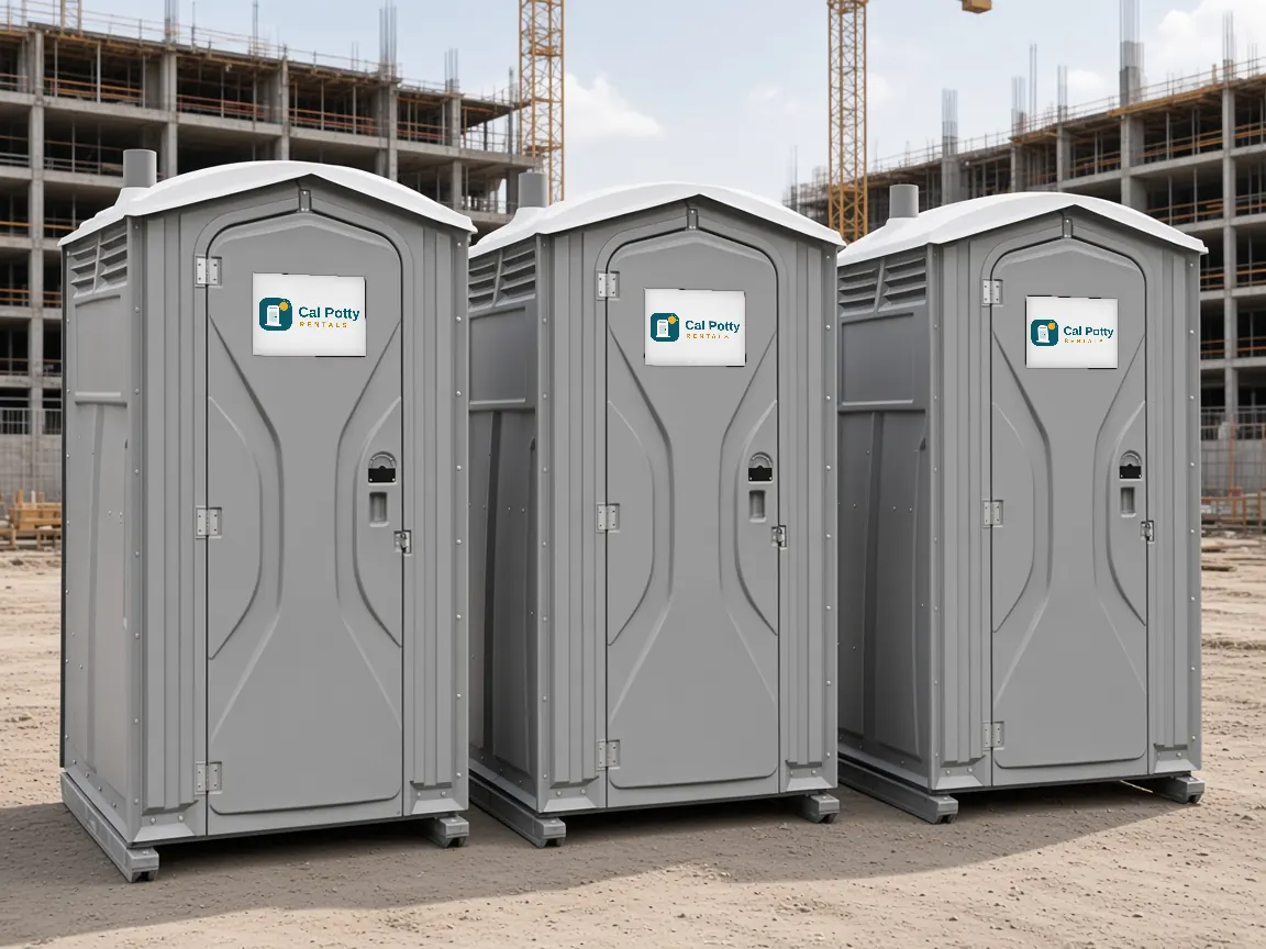 Three grey porta potties in a row at a multi-story building under construction